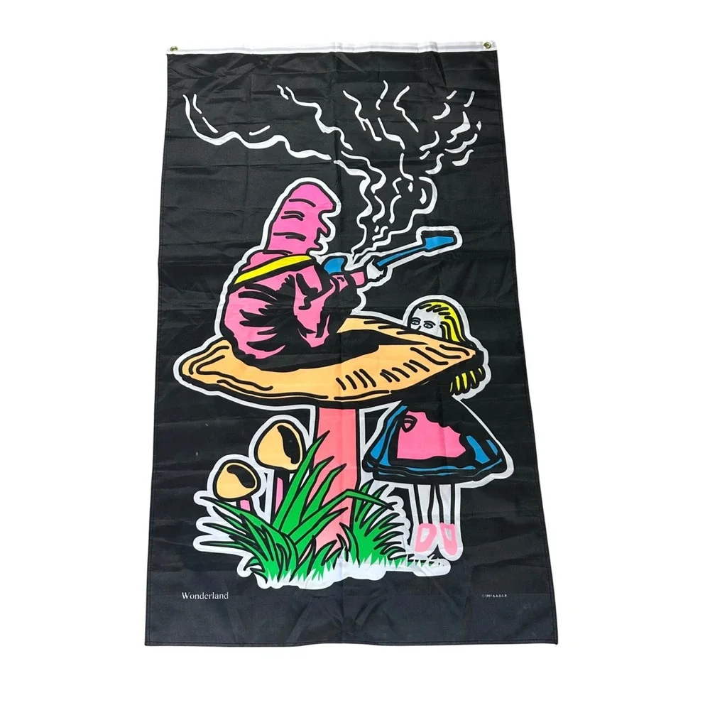 Vintage‎ Wonderland Flag Tapestry 1997 AADP Art Black Alice Mushroom Design